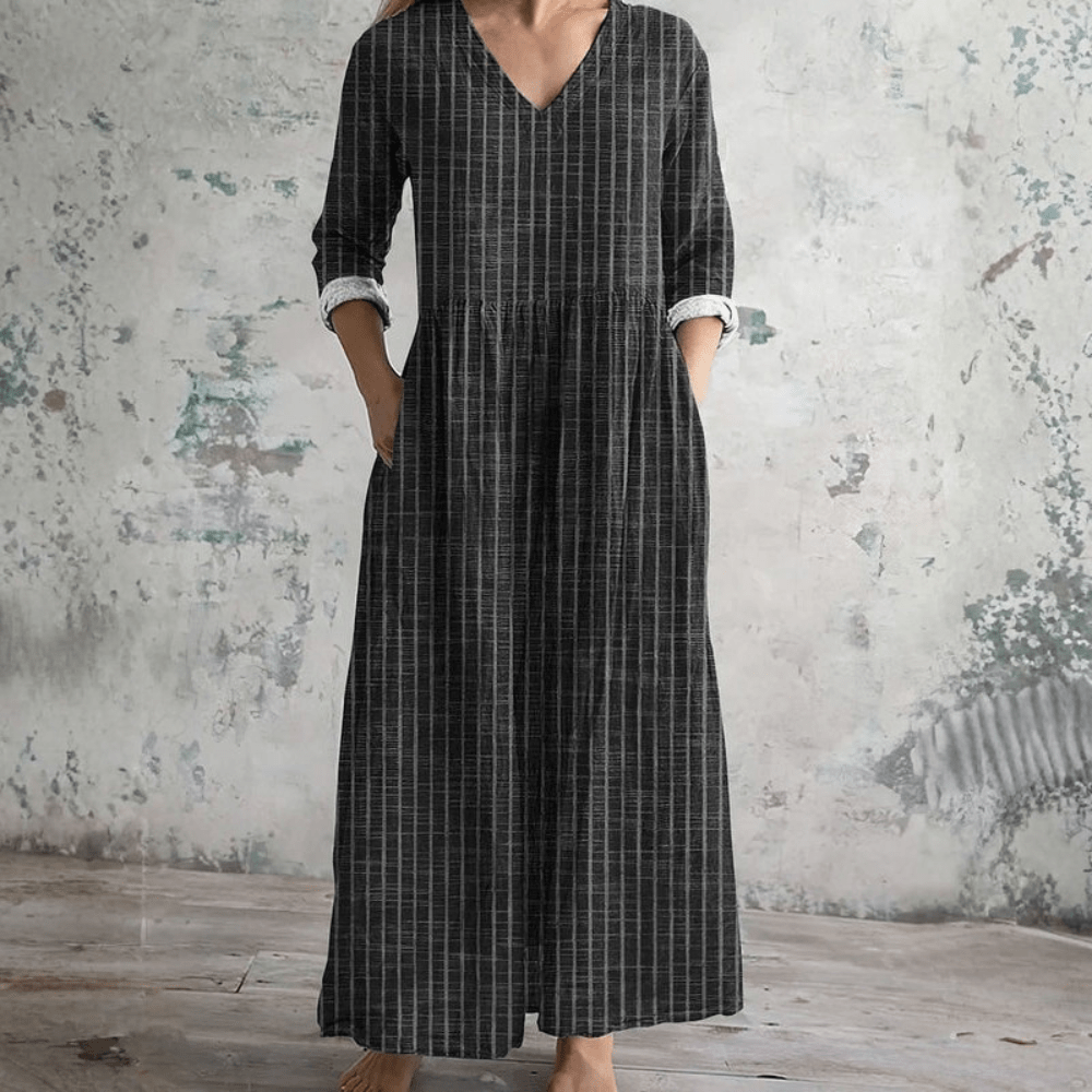 Women's Striped V-Neck Midi Dress