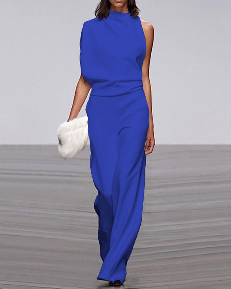 One-Shoulder Wide-Leg Jumpsuit with Draped Neckline