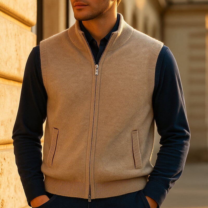 Men's Full-Zip Knitted Gilet with Stand Collar
