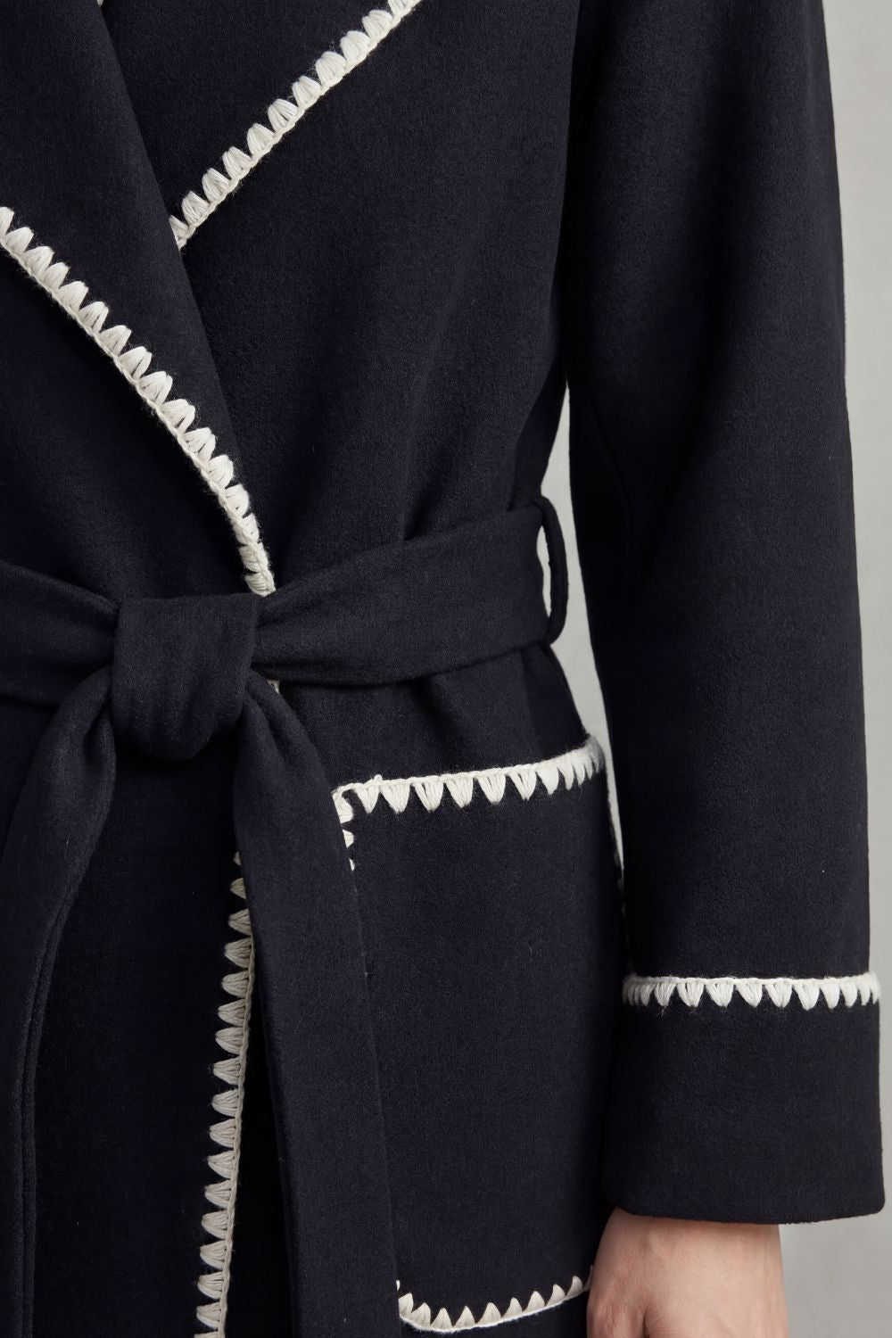 Women’s Belted Longline Coat with Contrast Stitch Trim