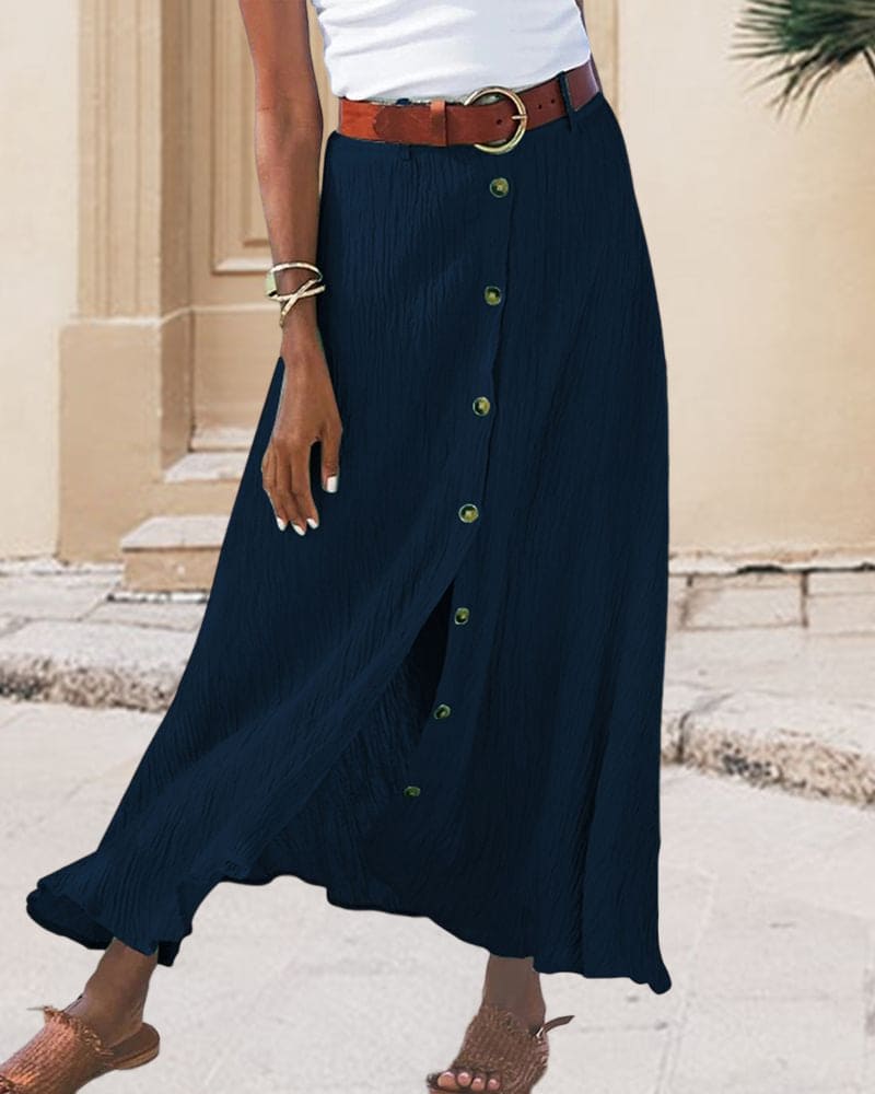 Linen Maxi Skirt with Button Front and Belted Waist