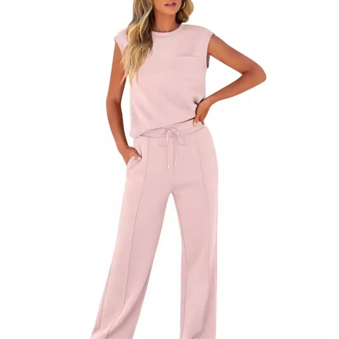 Women's Cap Sleeve Top and Drawstring Wide Leg Set