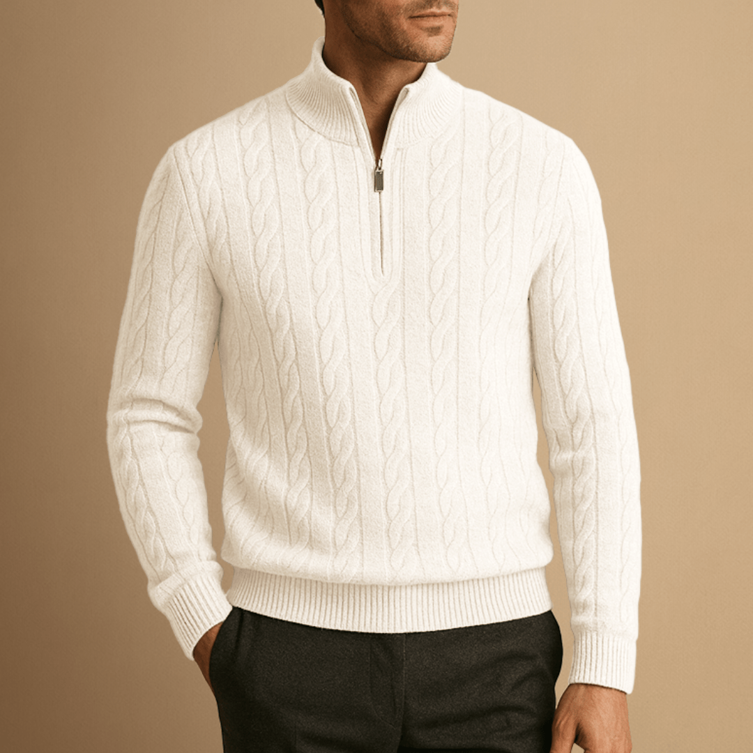 Pull à col zippé pour homme en maille torsadée