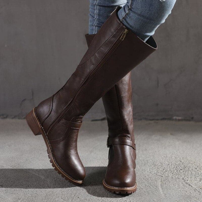 Women's Knee High Boots with Side Zip & Buckle Detail