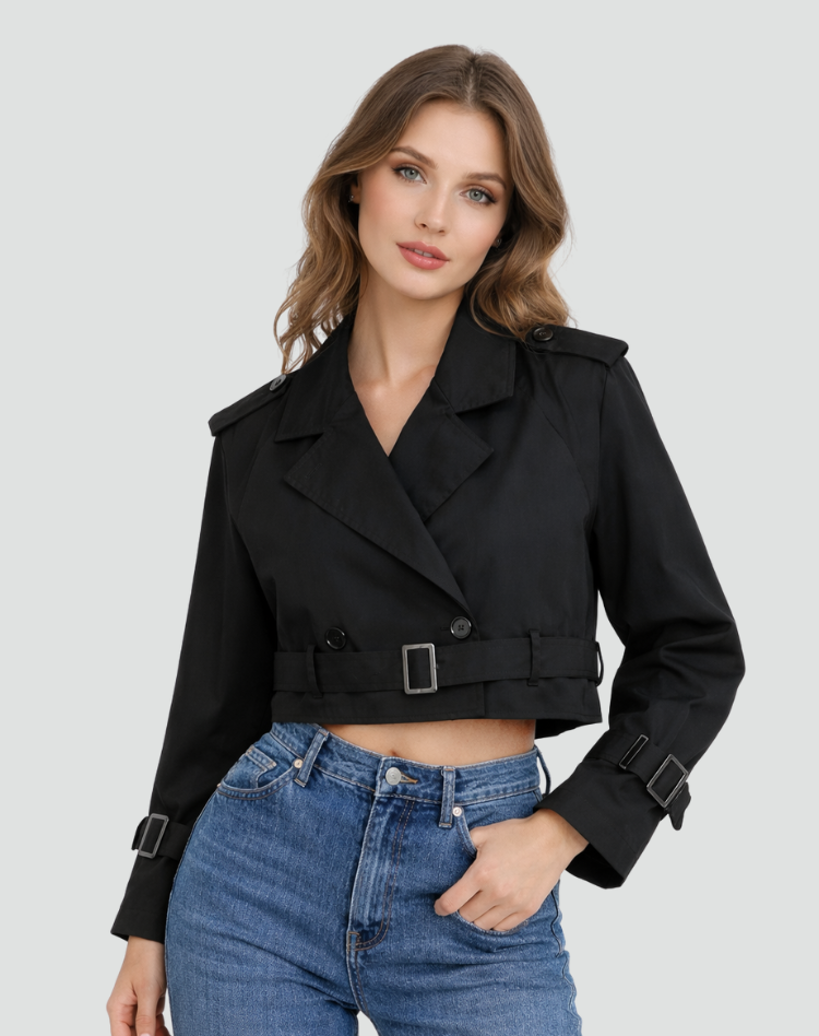 Women's Cropped Double-Breasted Trench Jacket with Belt