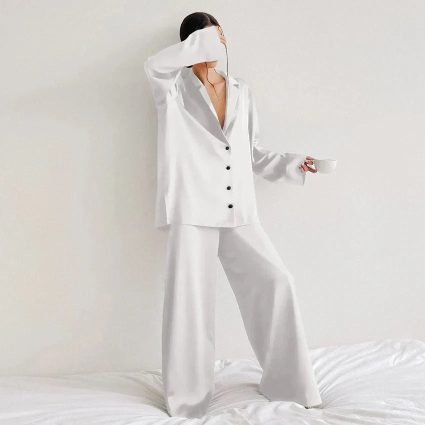 Ensemble pyjama en satin pour femme | Chemise boutonnée et pantalon large