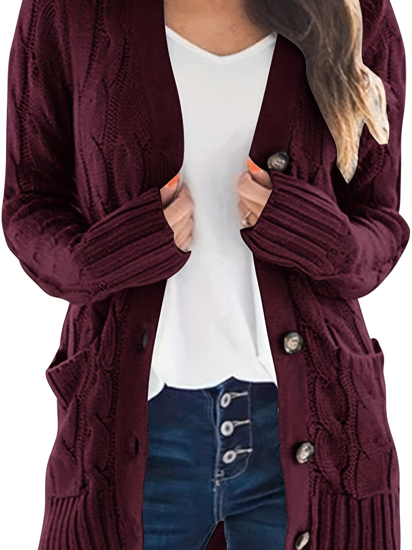 Women’s Cable Knit Longline Cardigan with Pockets