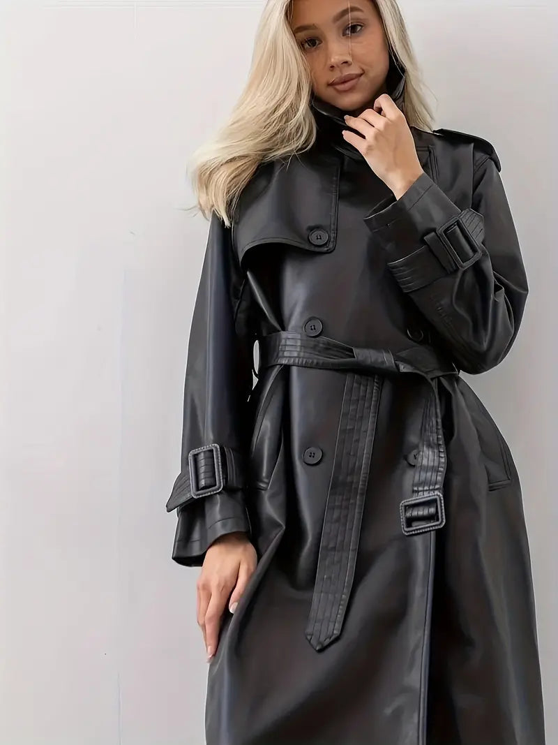 Trench-coat en similicuir pour femme avec ceinture