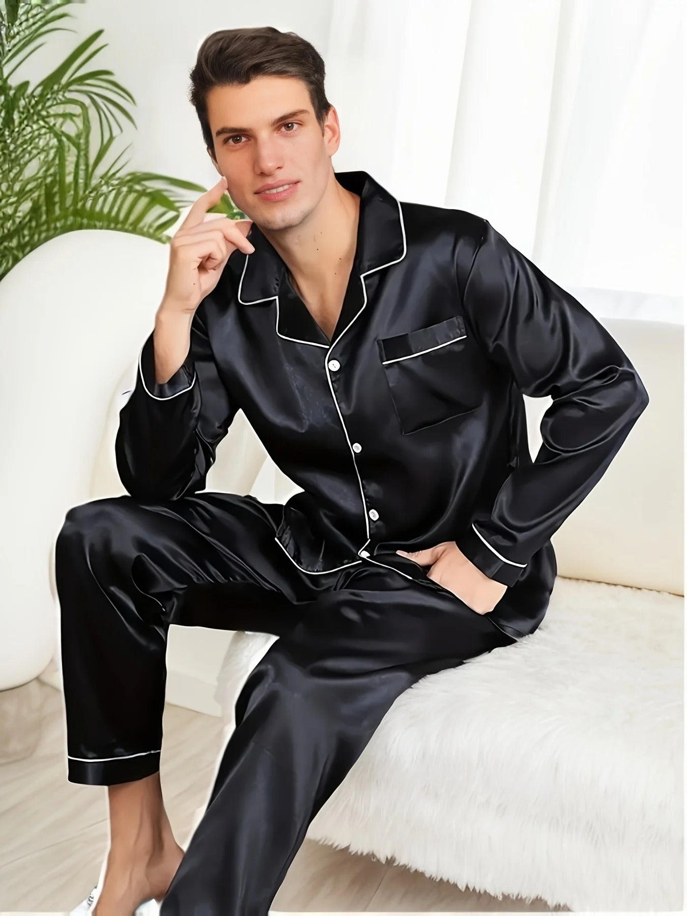 Ensemble de pyjama pour homme en satin avec chemise à manches longues