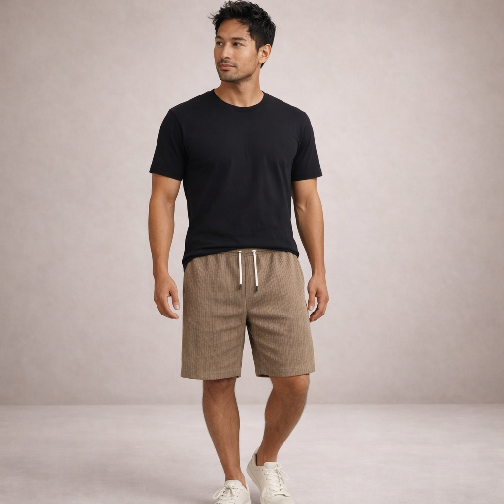 Linen-Blend Drawstring Shorts with Striped Texture