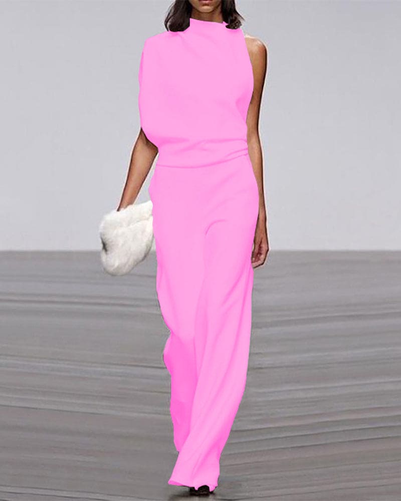 One-Shoulder Wide-Leg Jumpsuit with Draped Neckline
