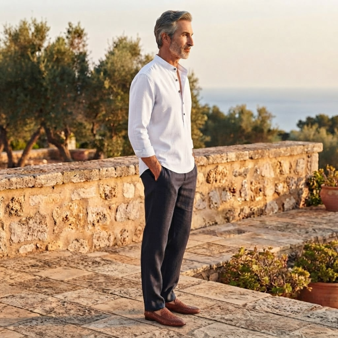 Men's Grandad Collar Linen Shirt with Button Placket