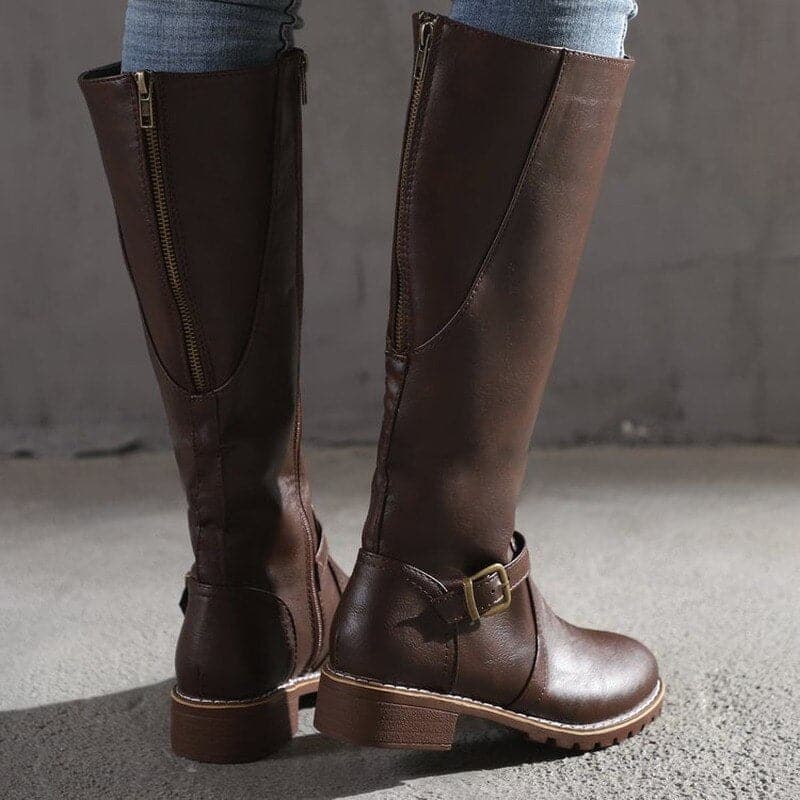 Women's Knee High Boots with Side Zip & Buckle Detail
