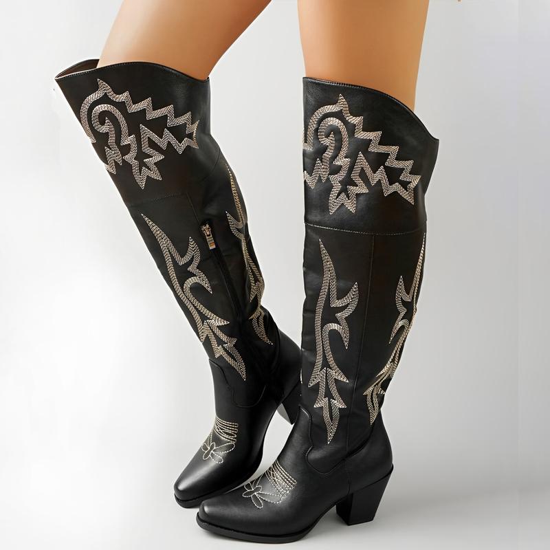 Bottes western brodées pour femmes, à talon bloc et hauteur genou