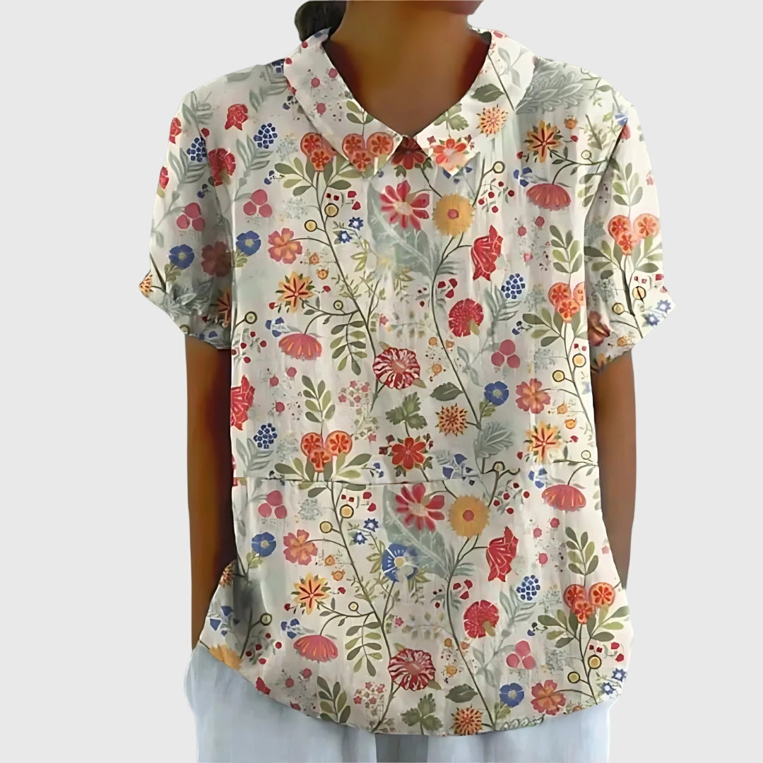 Floral Print Blouse with Collar and Short Sleeves
