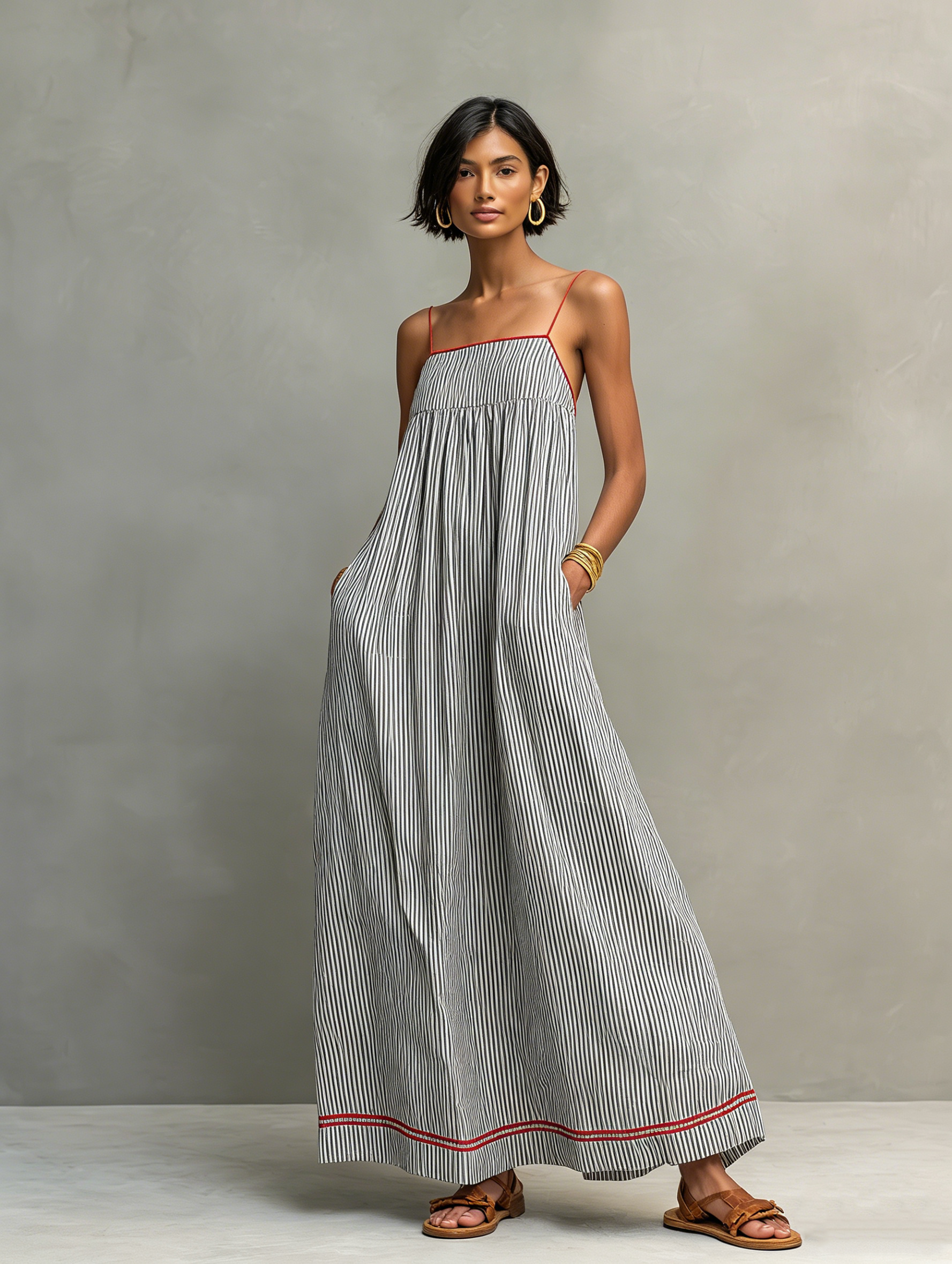 Striped Cami Maxi Dress with Contrast Trim