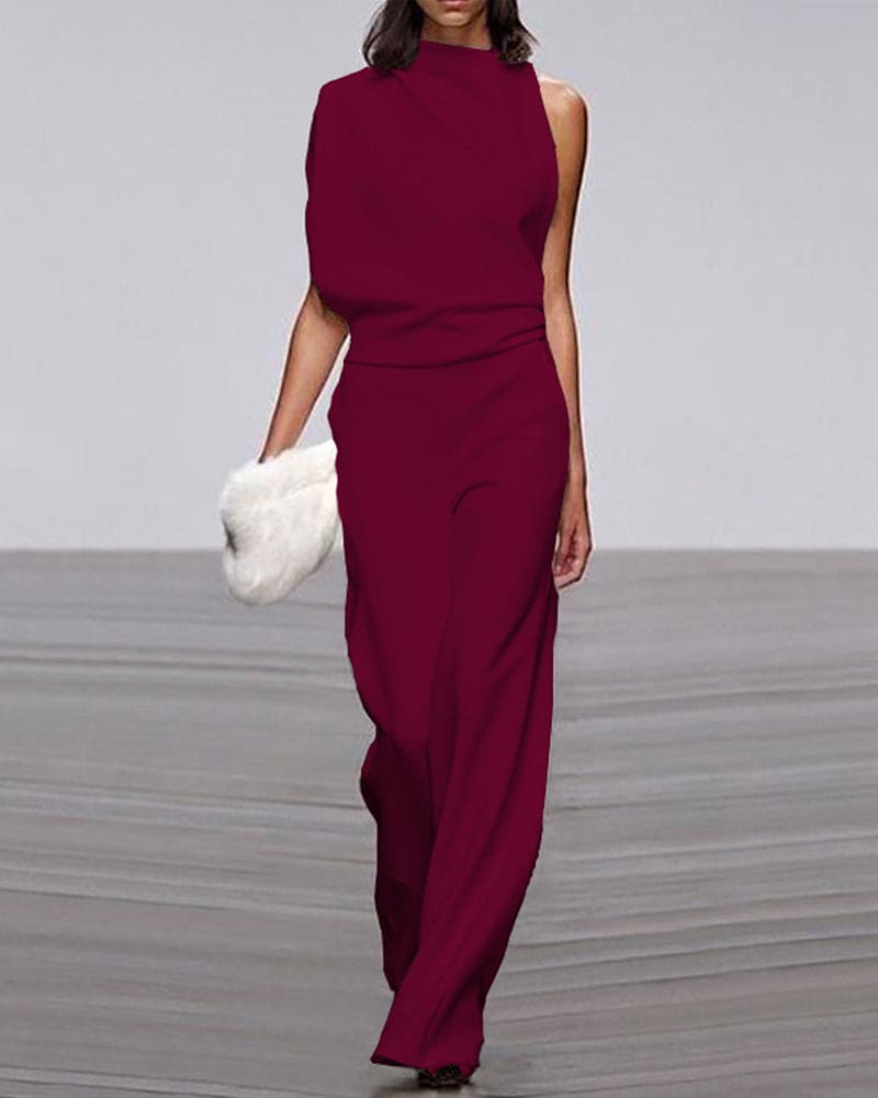 One-Shoulder Wide-Leg Jumpsuit with Draped Neckline