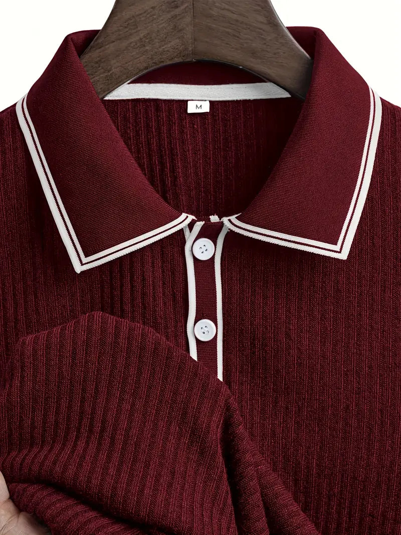 Ribbed Knit Polo with Contrast Placket Trim
