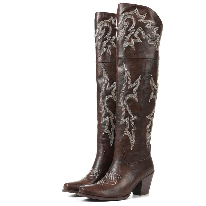 Bottes western brodées pour femmes, à talon bloc et hauteur genou