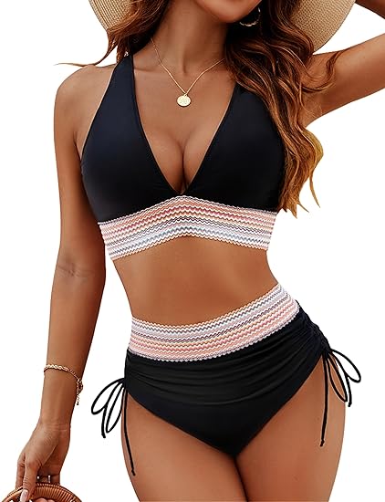 High-Waist Bikini Set with Striped Trim and Halter Neck