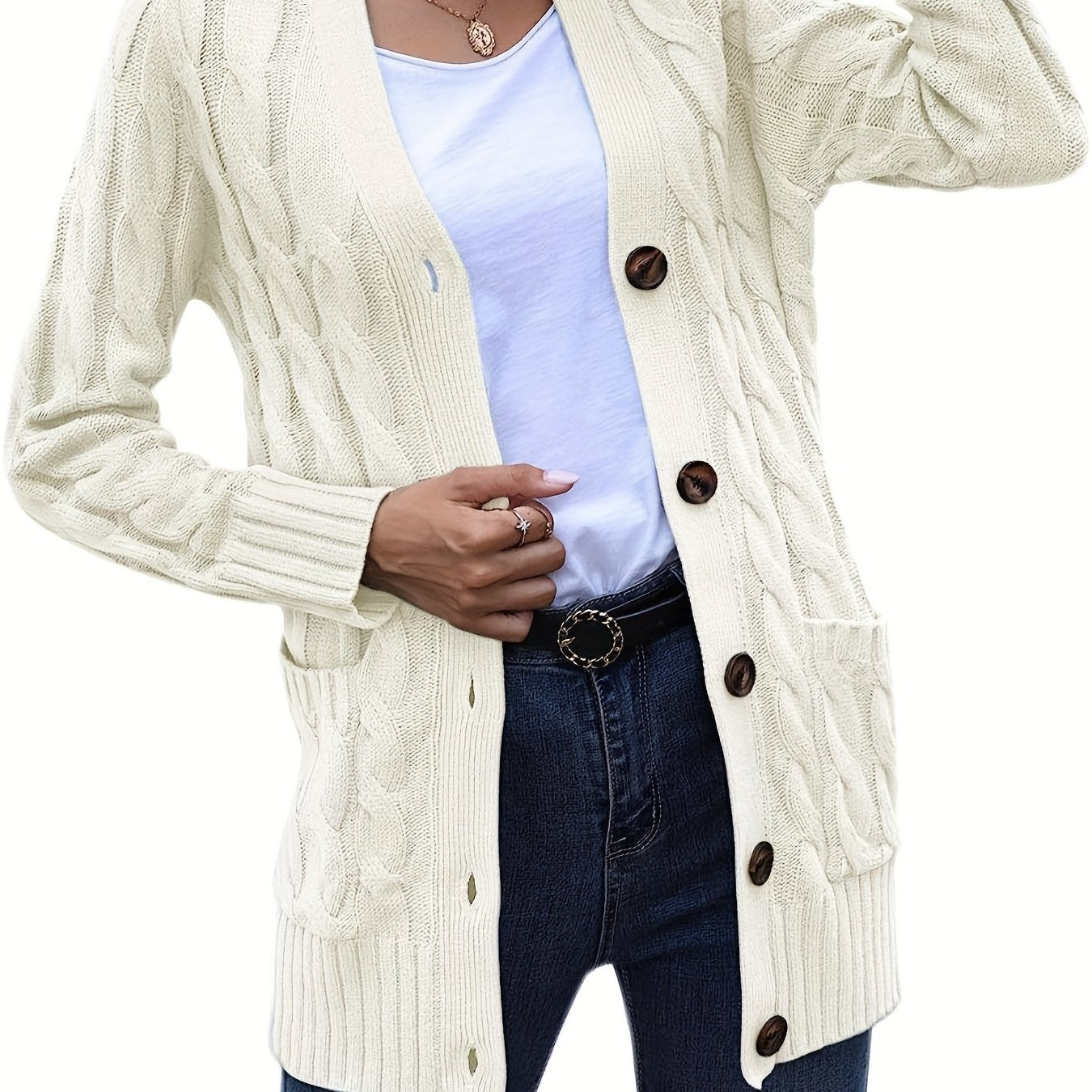 Women’s Cable Knit Longline Cardigan with Pockets