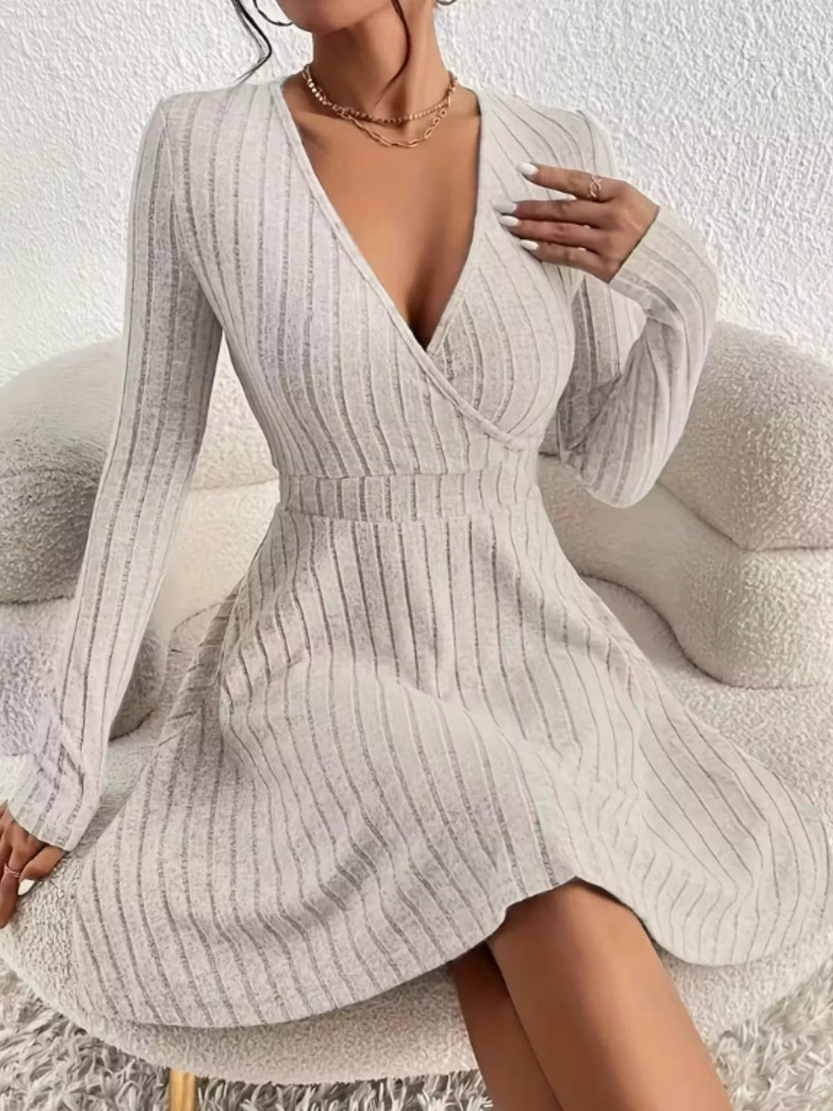 Women’s Ribbed Wrap Mini Dress with Flared Skirt