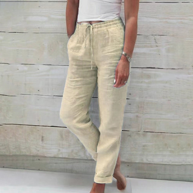 Women's Straight Leg Linen Trousers with Drawstring