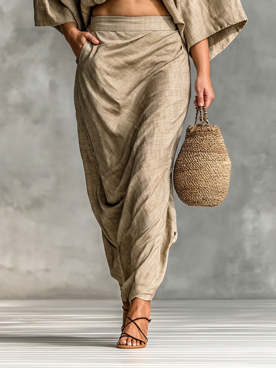 Women’s Linen-Blend Two Piece Top & Maxi Skirt Set