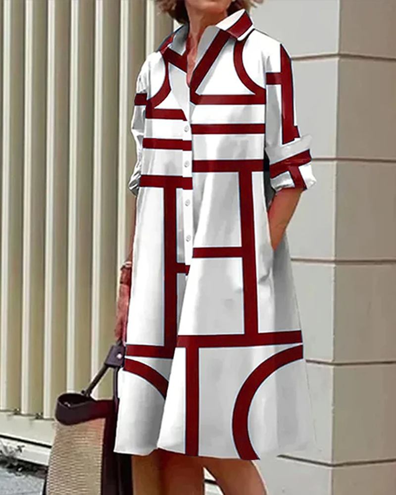 Geometric Print Shirt Dress with Button Front