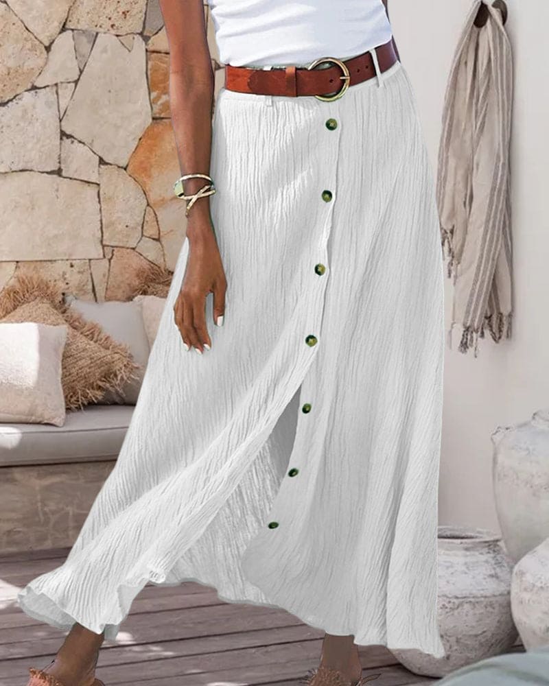 Linen Maxi Skirt with Button Front and Belted Waist