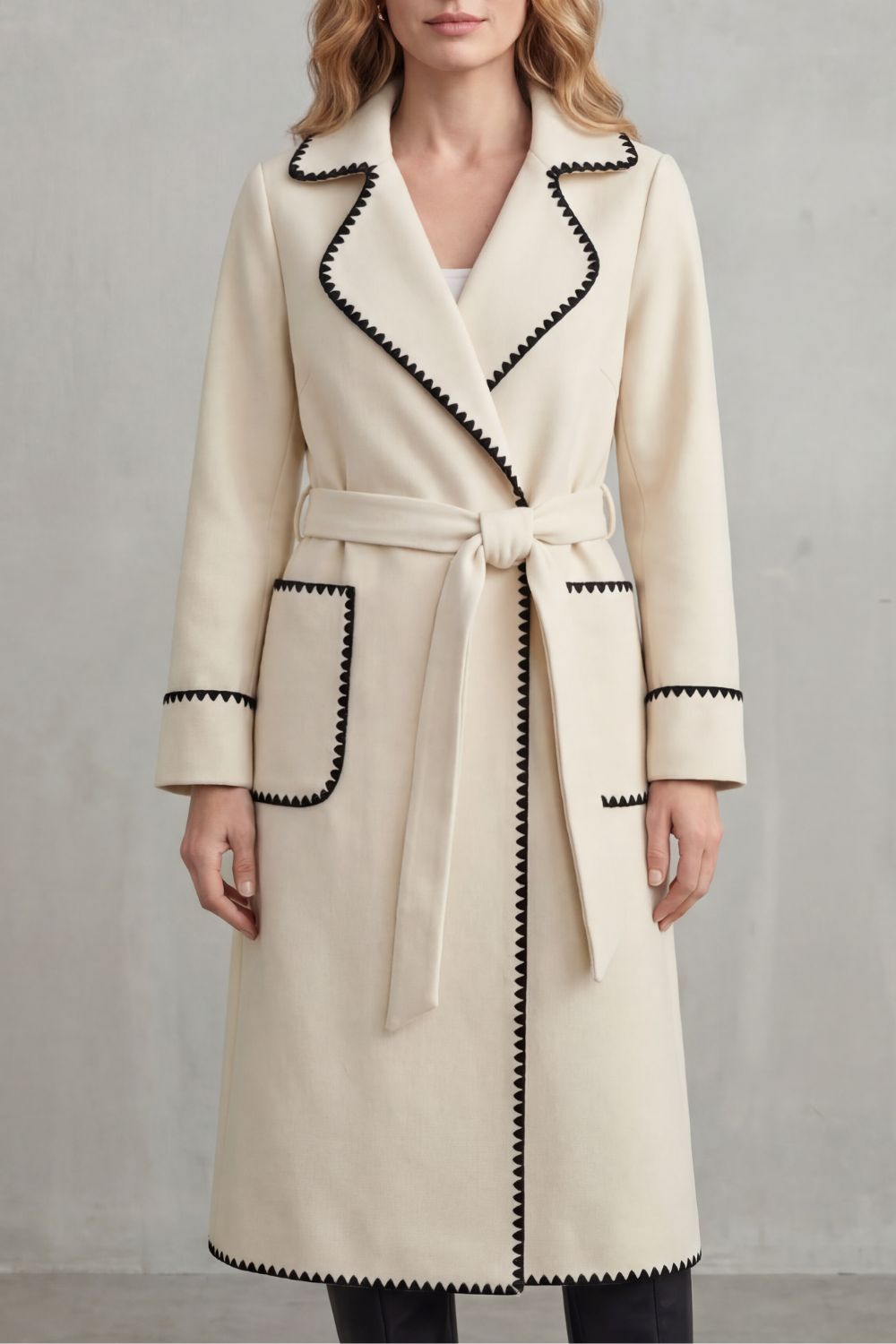 Women’s Belted Longline Coat with Contrast Stitch Trim