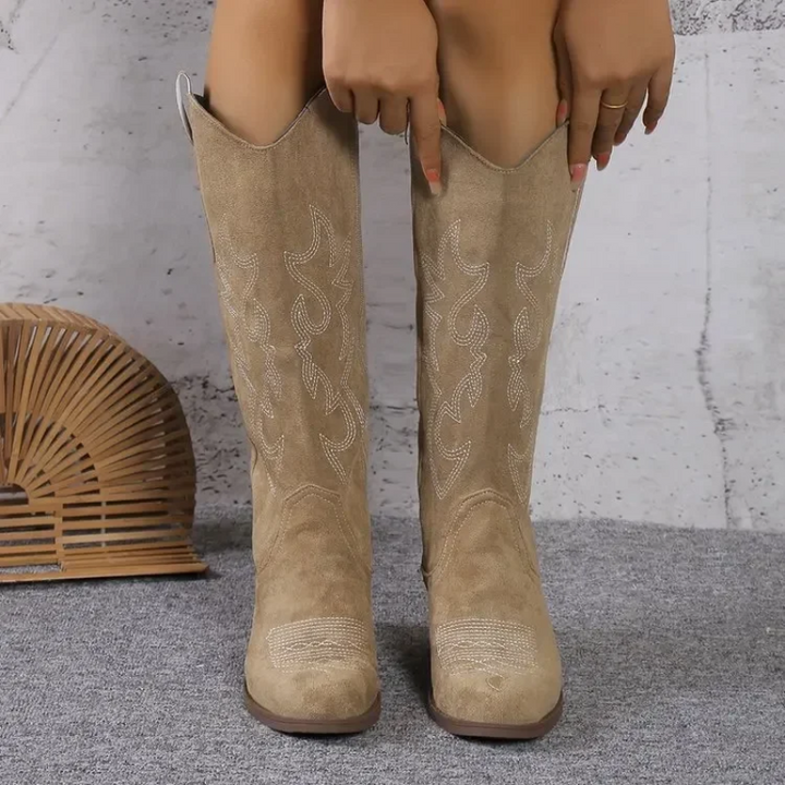 Bottes de cowboy western pour femme, brodées et montantes jusqu’au genou, avec talon carré
