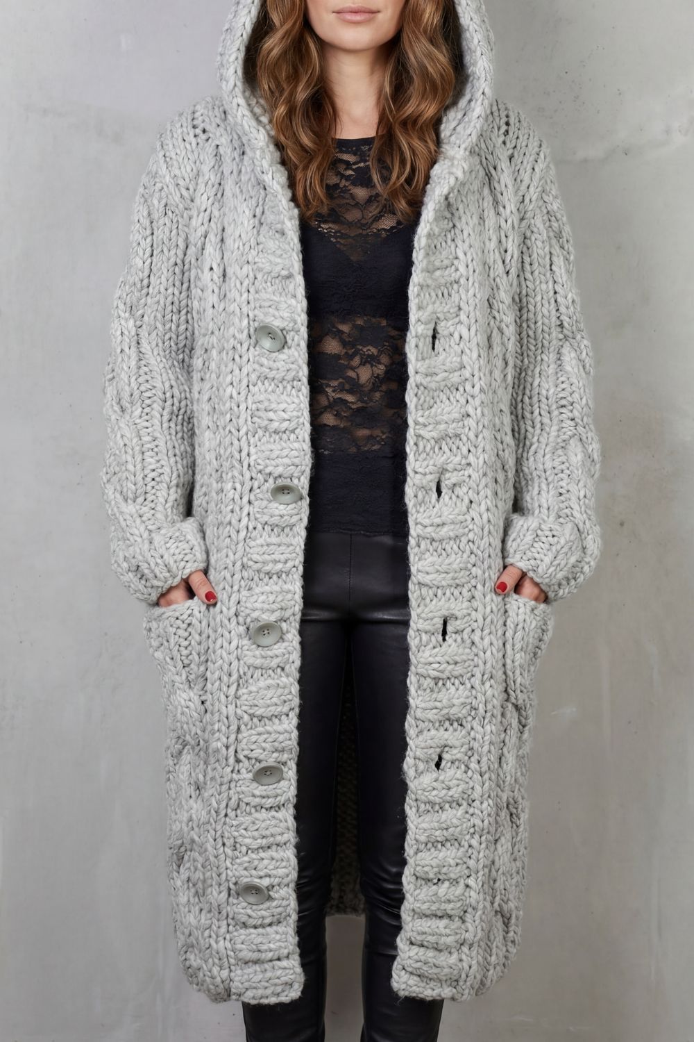 Gilet à capuche long pour femme, en maille épaisse
