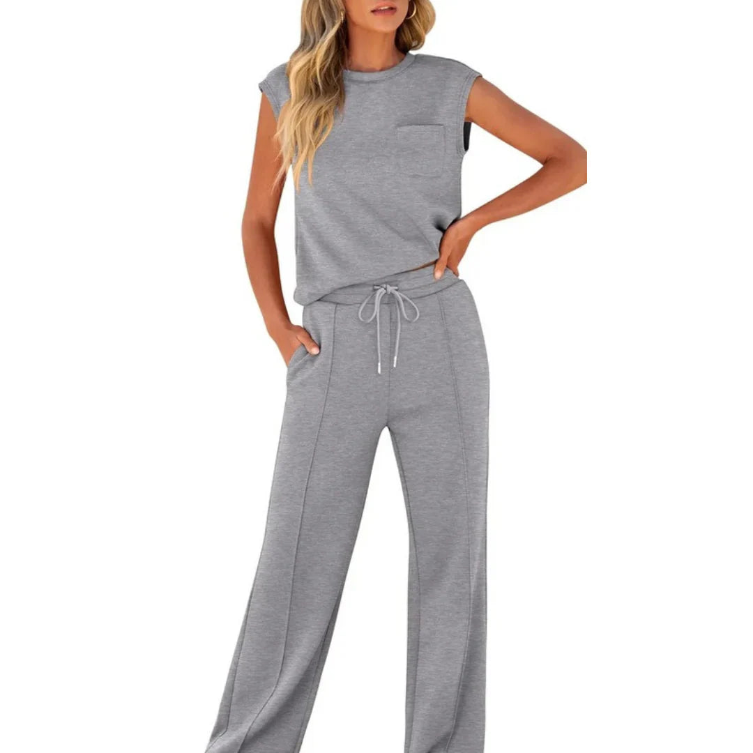 Women's Cap Sleeve Top and Drawstring Wide Leg Set