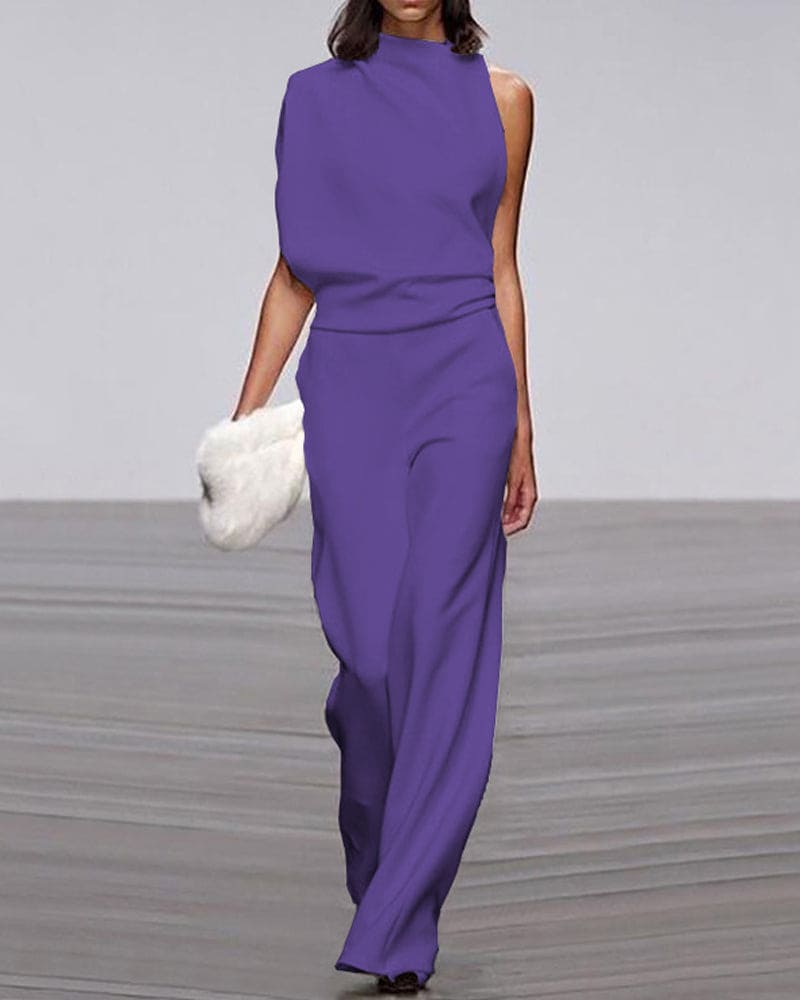 One-Shoulder Wide-Leg Jumpsuit with Draped Neckline