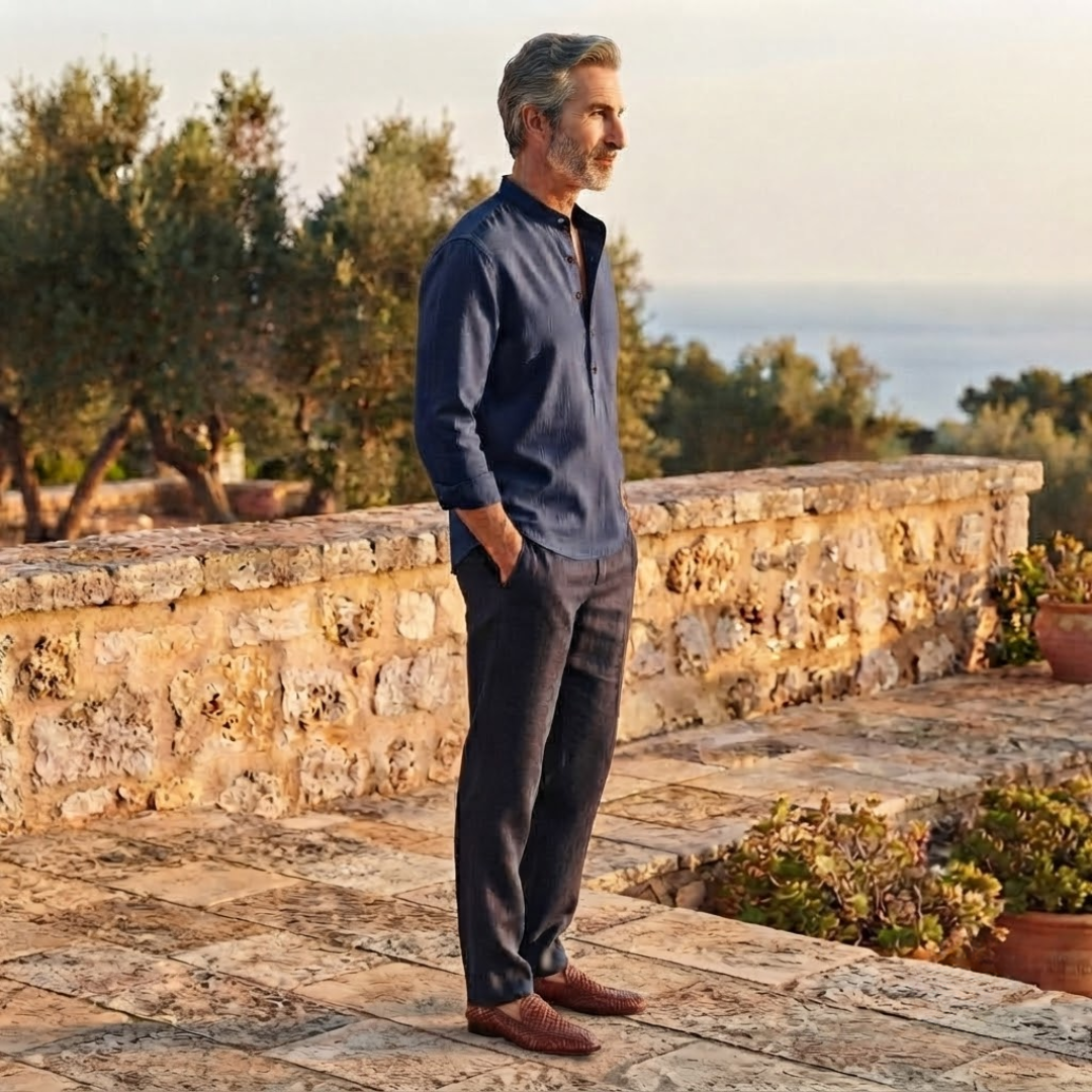 Men's Grandad Collar Linen Shirt with Button Placket