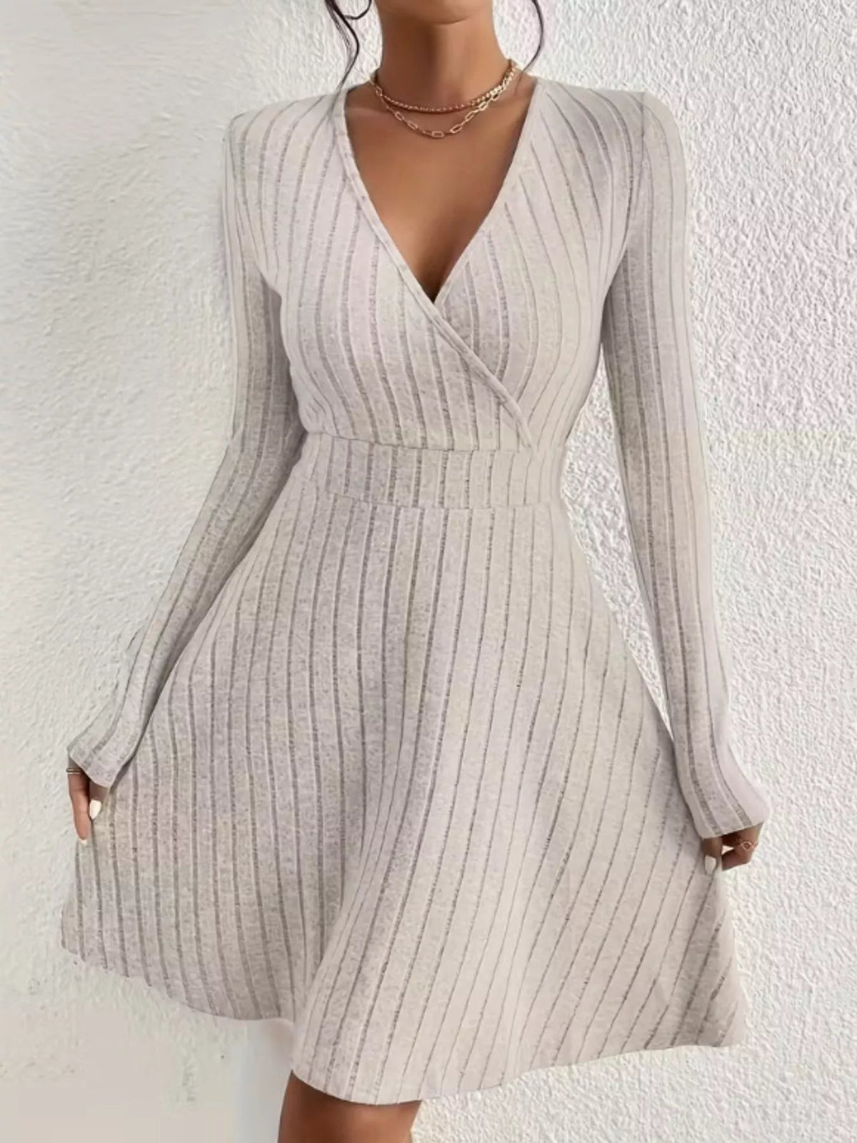 Robe courte côtelée cache-cœur pour femme avec jupe évasée