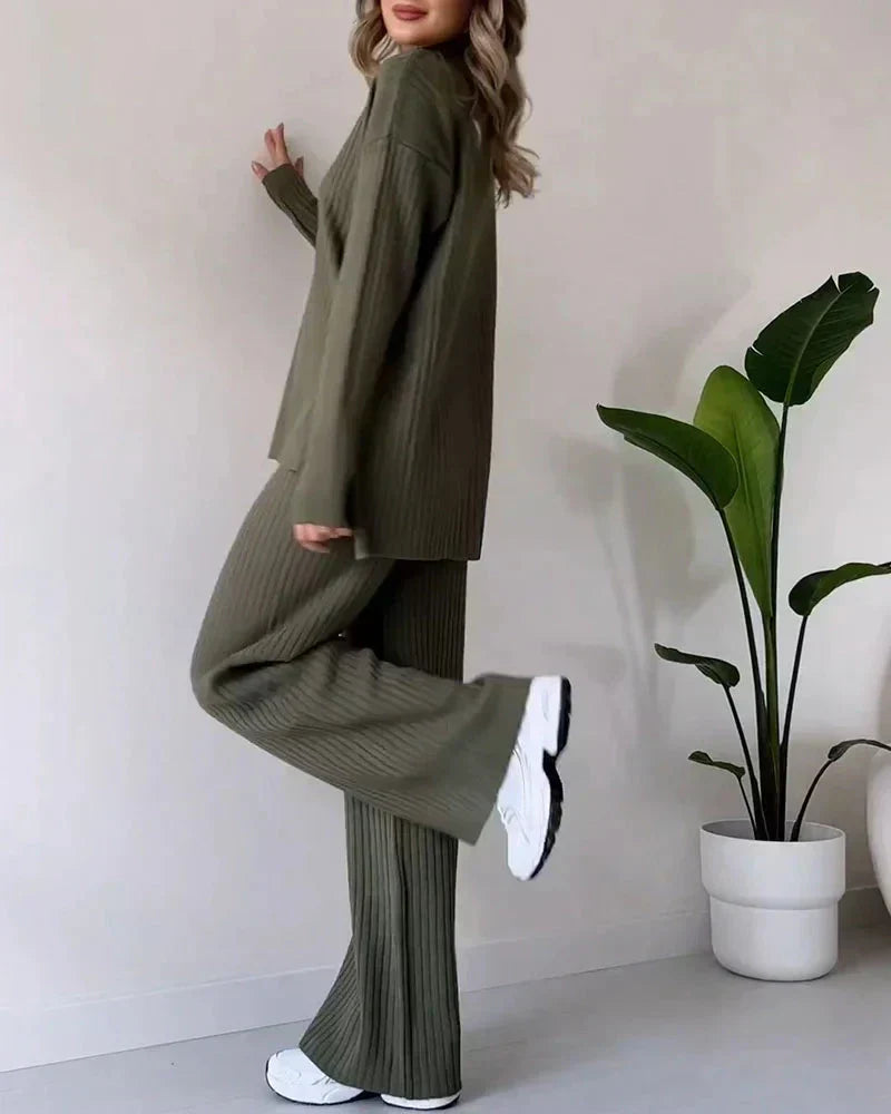 Women's Ribbed High-Neck Jumper and Wide-Leg Trousers Set