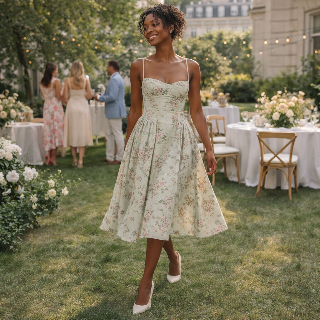 Corset Midi Dress in Cotton with Pleated Full Skirt