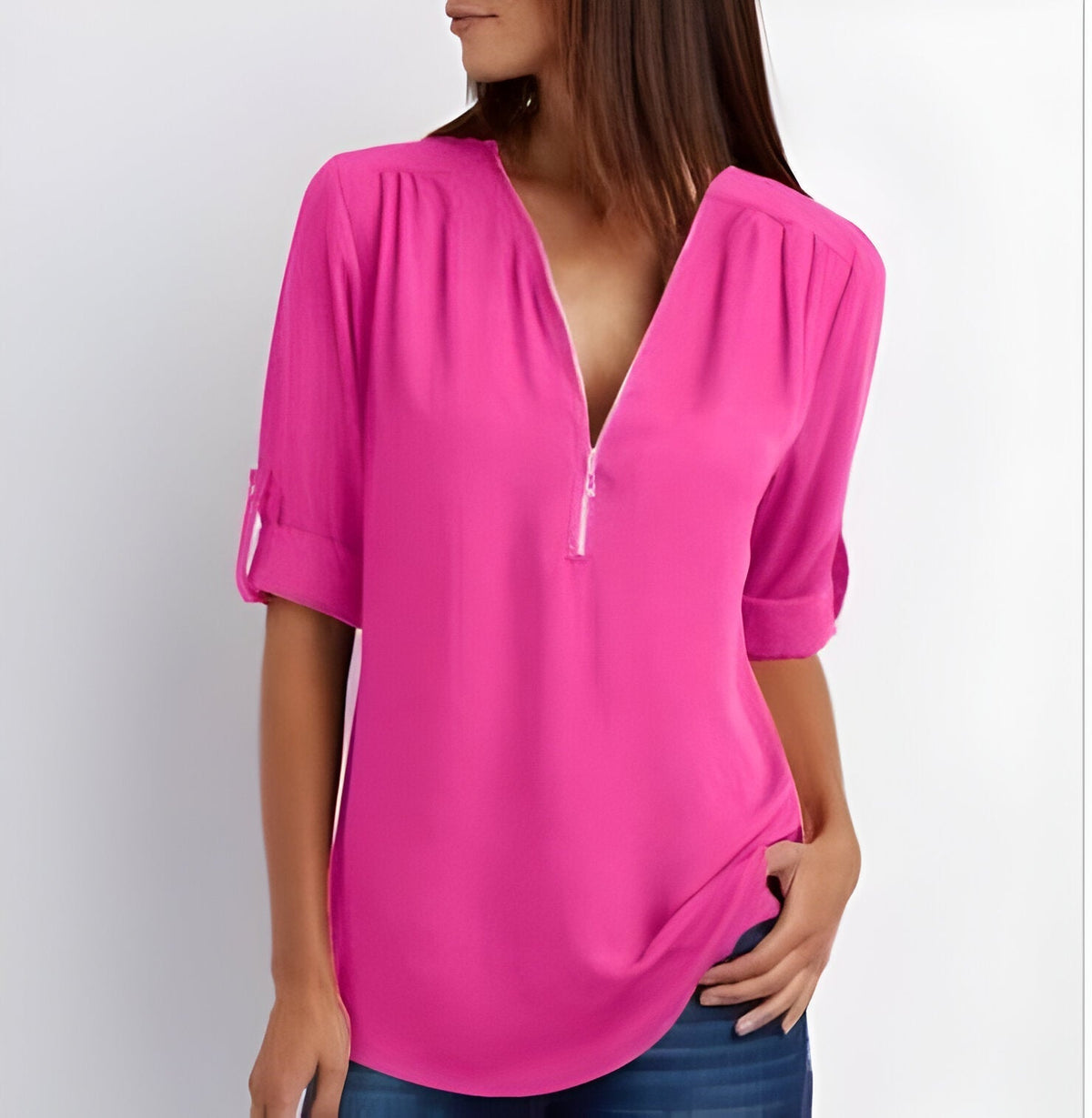 Women's Short Sleeve Blouse with Half Zip