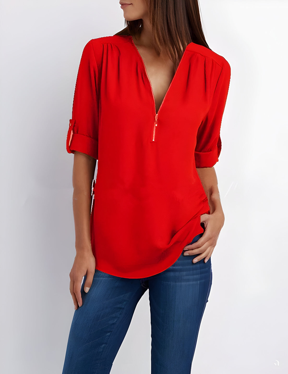 Women's Short Sleeve Blouse with Half Zip