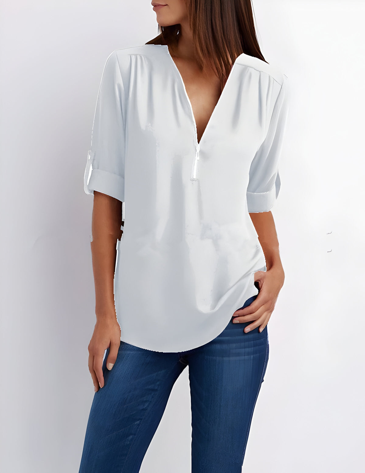 Women's Short Sleeve Blouse with Half Zip