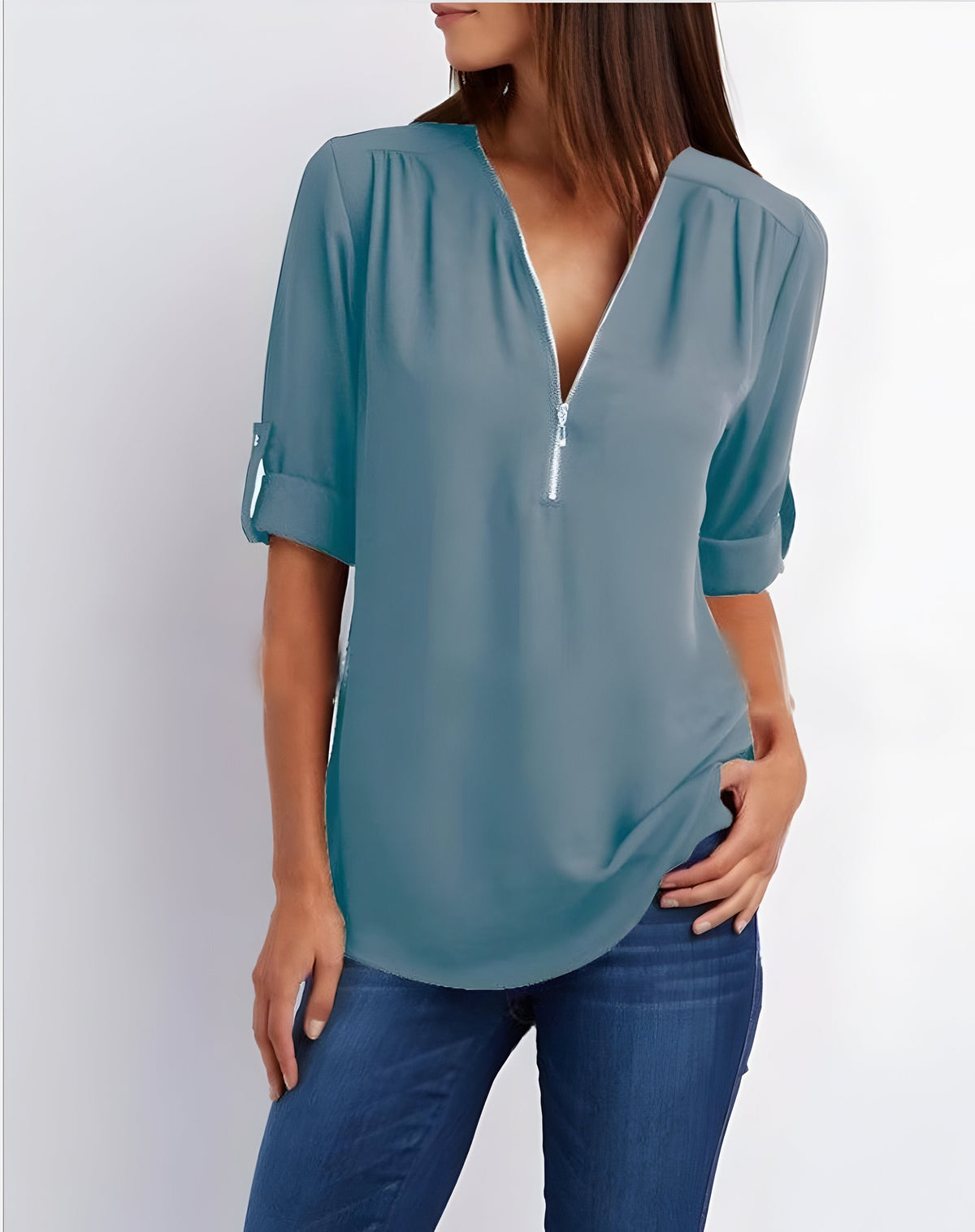 Women's Short Sleeve Blouse with Half Zip