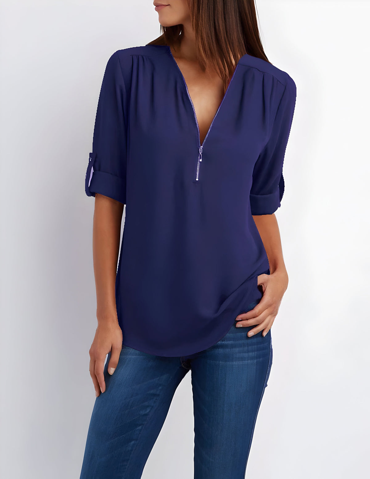 Women's Short Sleeve Blouse with Half Zip
