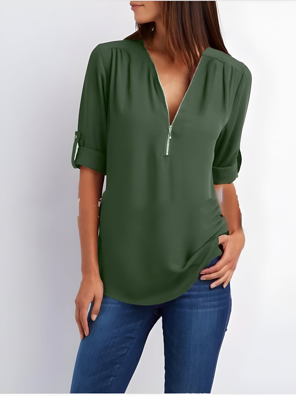 Women's Short Sleeve Blouse with Half Zip