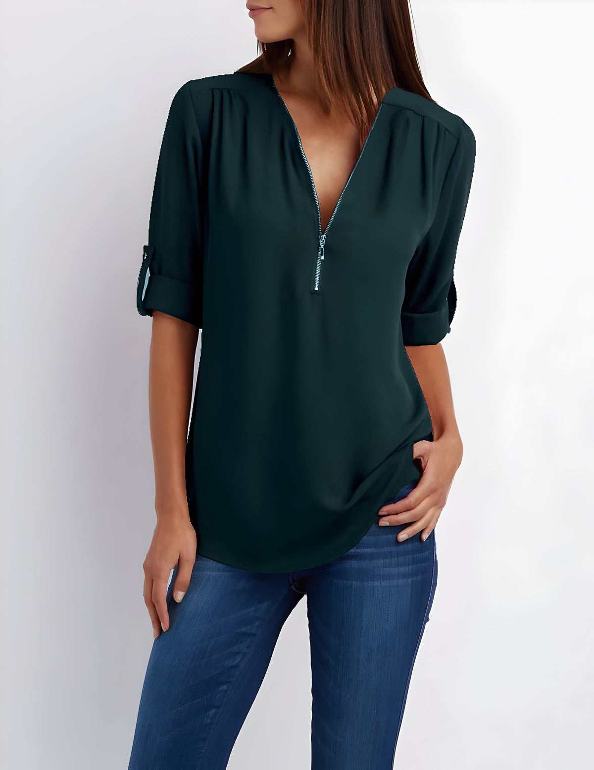 Women's Short Sleeve Blouse with Half Zip