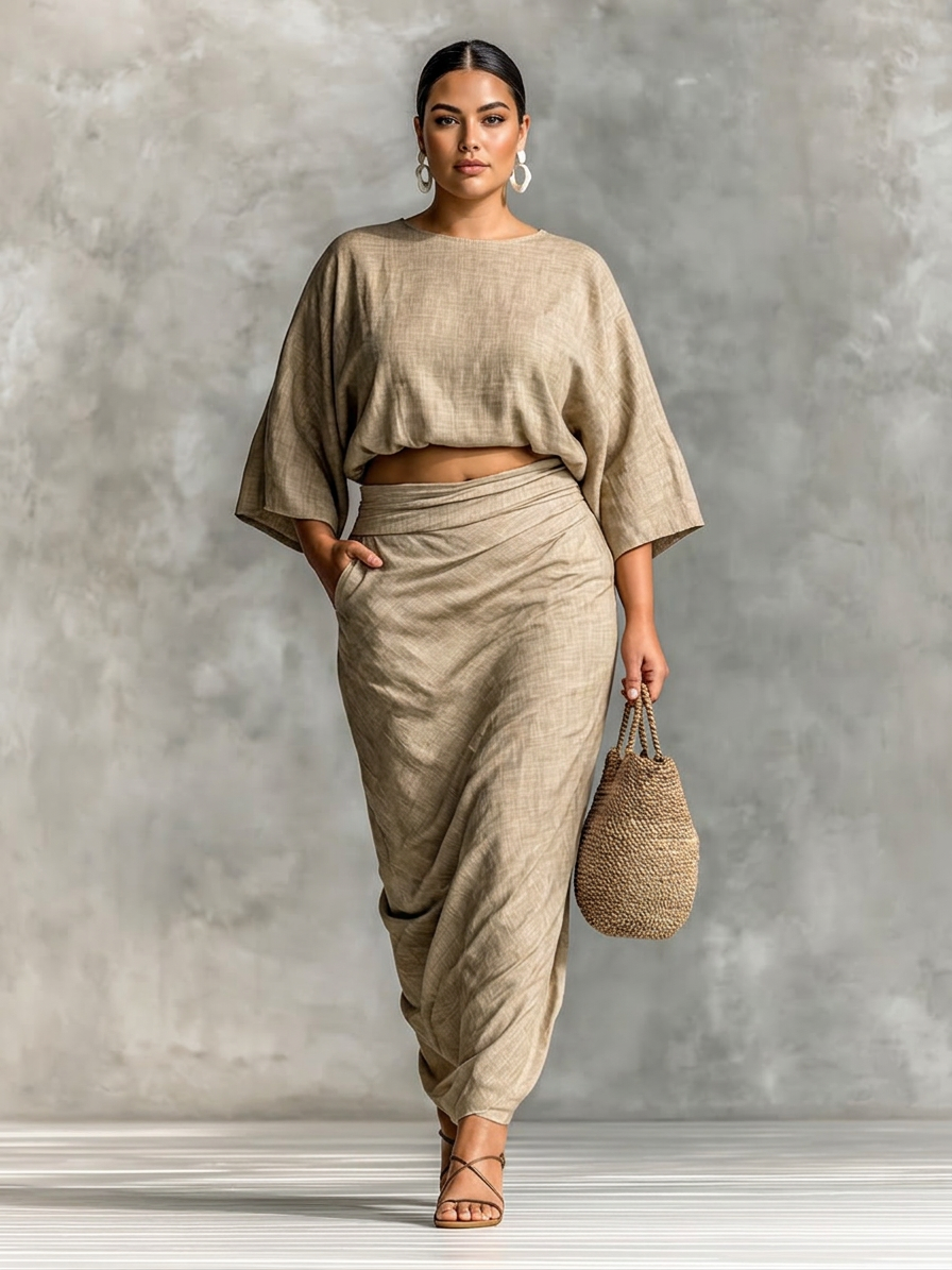 Women’s Linen-Blend Two Piece Top & Maxi Skirt Set