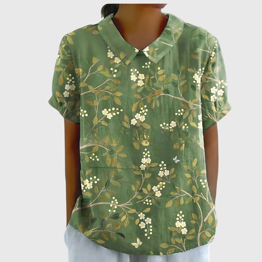 Floral Print Blouse with Collar and Short Sleeves