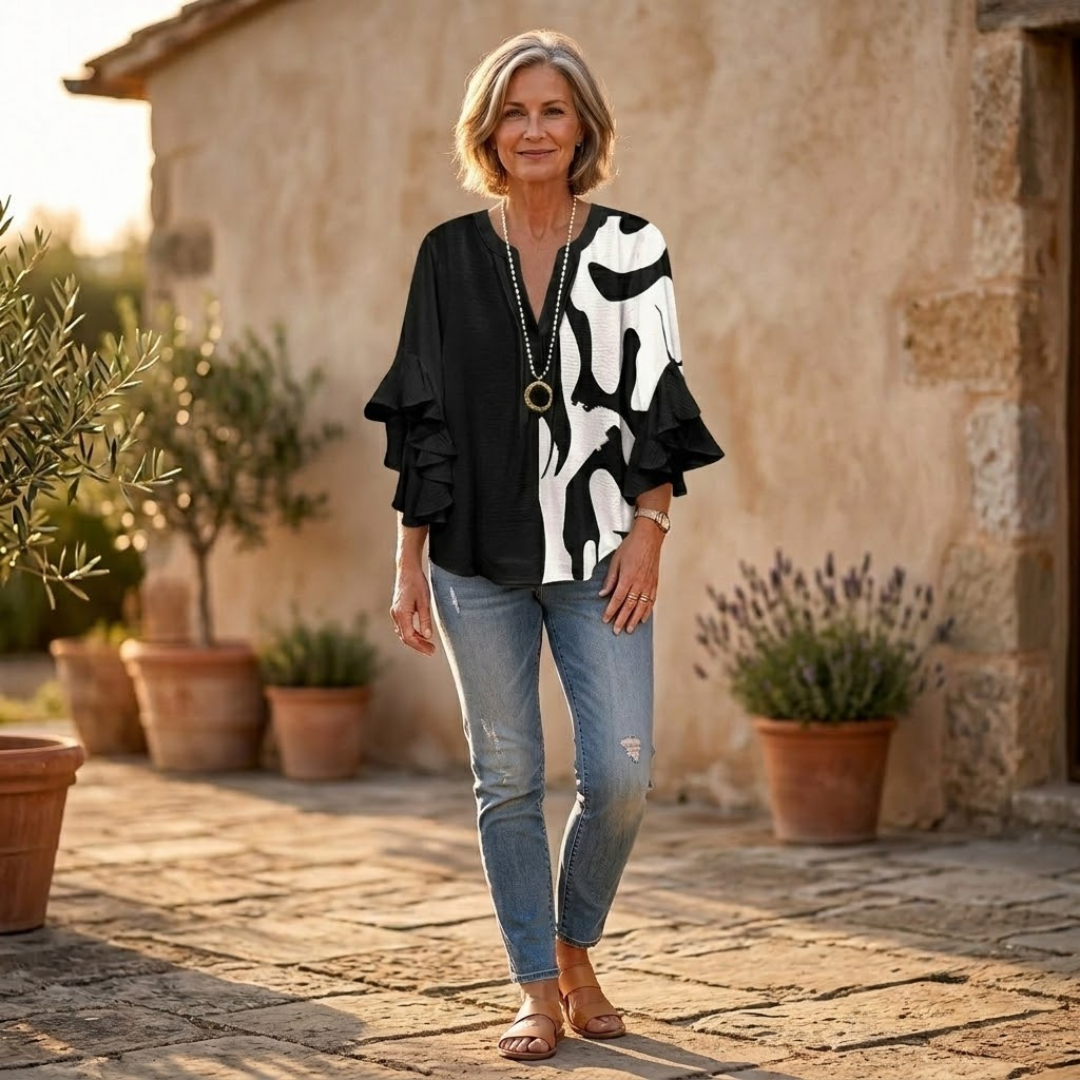Ruffle-Sleeve Blouse with V-Neck Design