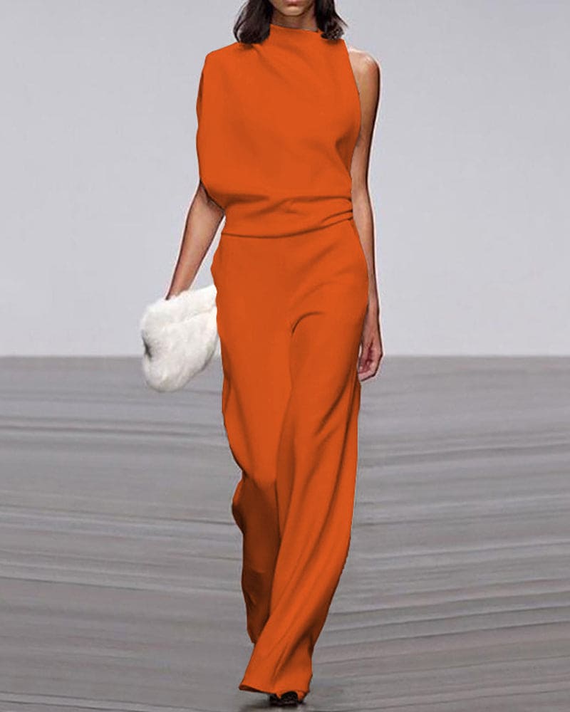 One-Shoulder Wide-Leg Jumpsuit with Draped Neckline